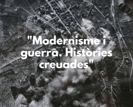 Foto aérea en blanco y negro, bombardeo. Texto sobrepuesto Modernismo y guerra, historias cruzadas