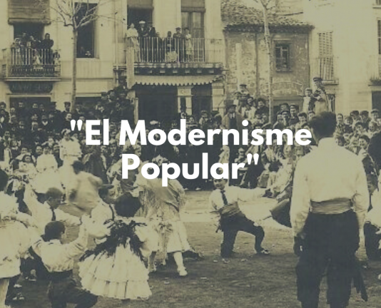 Foto antigua color sepia, criaturas bailando texto sobreimpreso : "Modernisme popular"