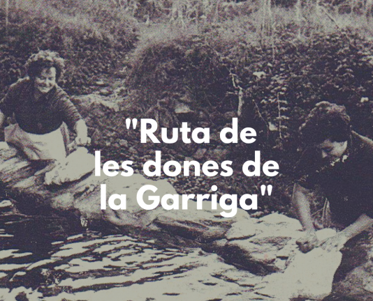 Foto color sèpia dones rentant al riu, text sobreimprès: "Ruta de les dones de la Garriga"